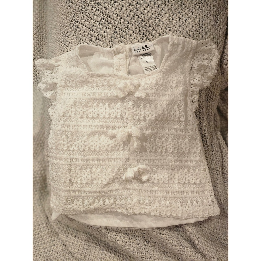 Nicole Miller New York Girls White Lace Flutter Sleeve Bow Accent Top Size 6X